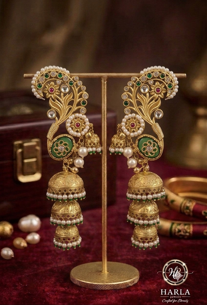 Emerald Paisley Tiered Jhumka Earrings  