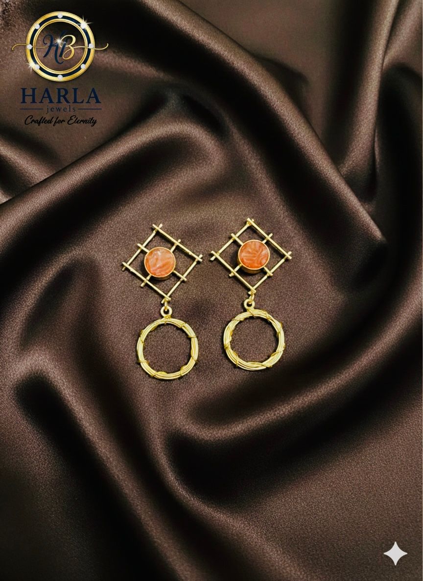 Geometric lattice orange stone drop earring