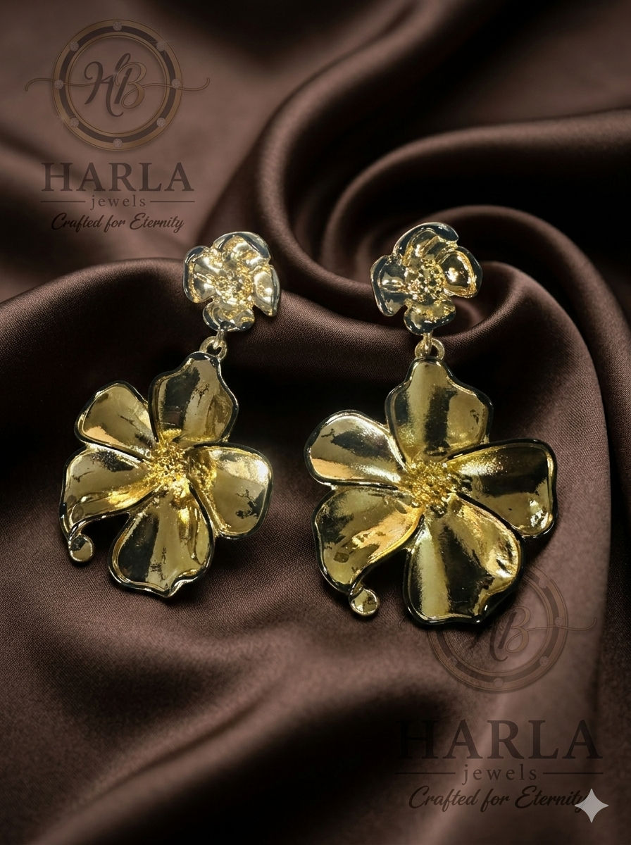 Golden Black Floral Drop Earring