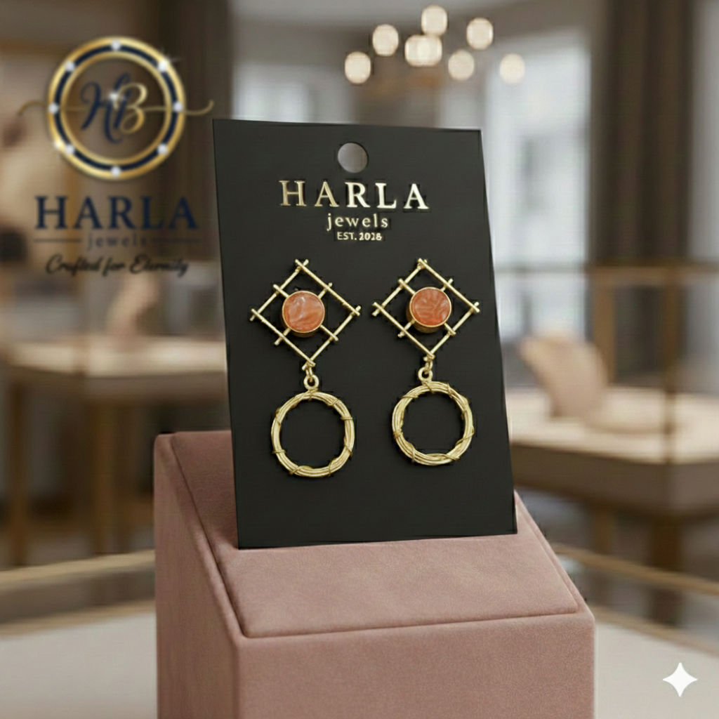 Geometric lattice orange stone drop earring