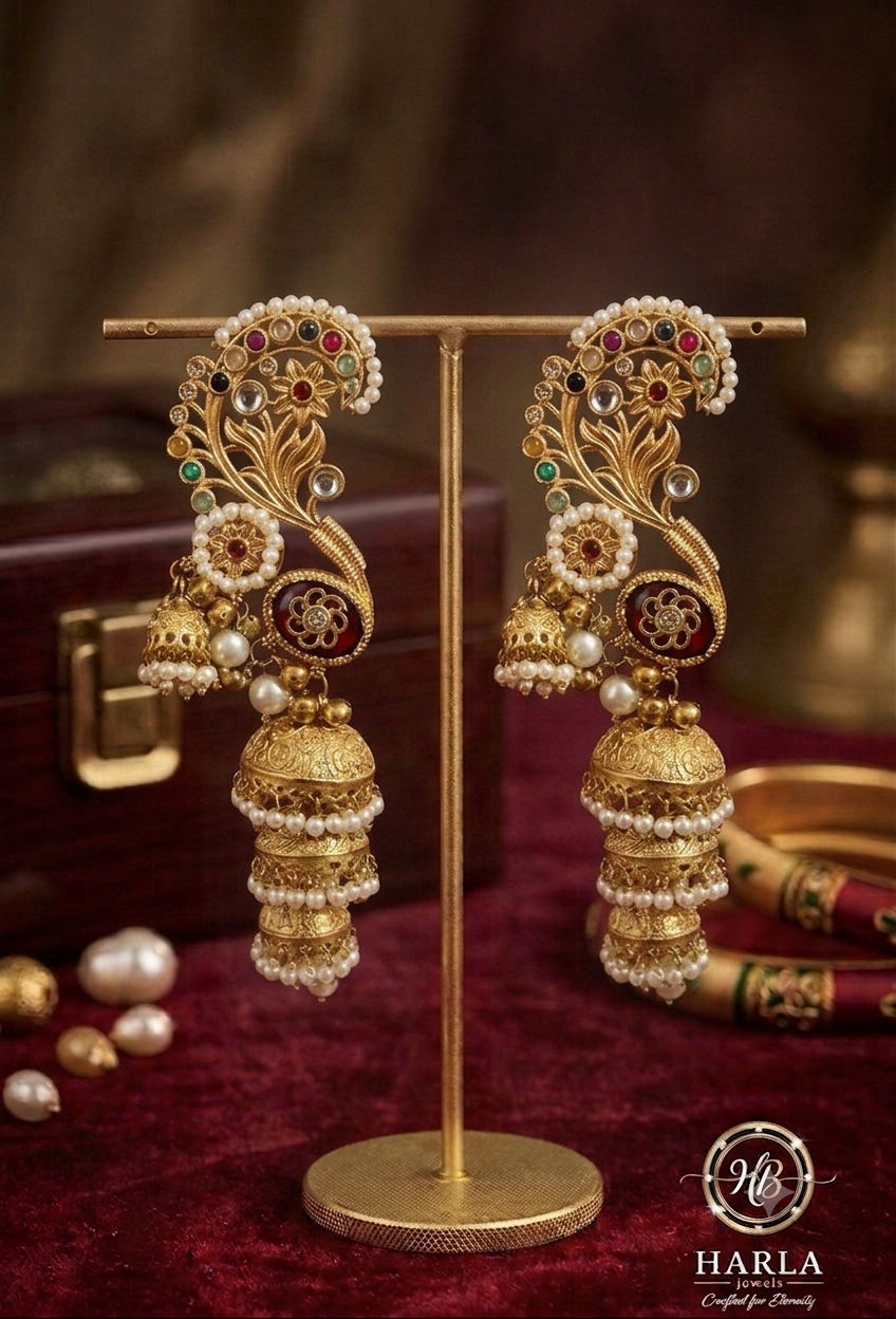 Royal Paisley Pearl Jhumka Earrings