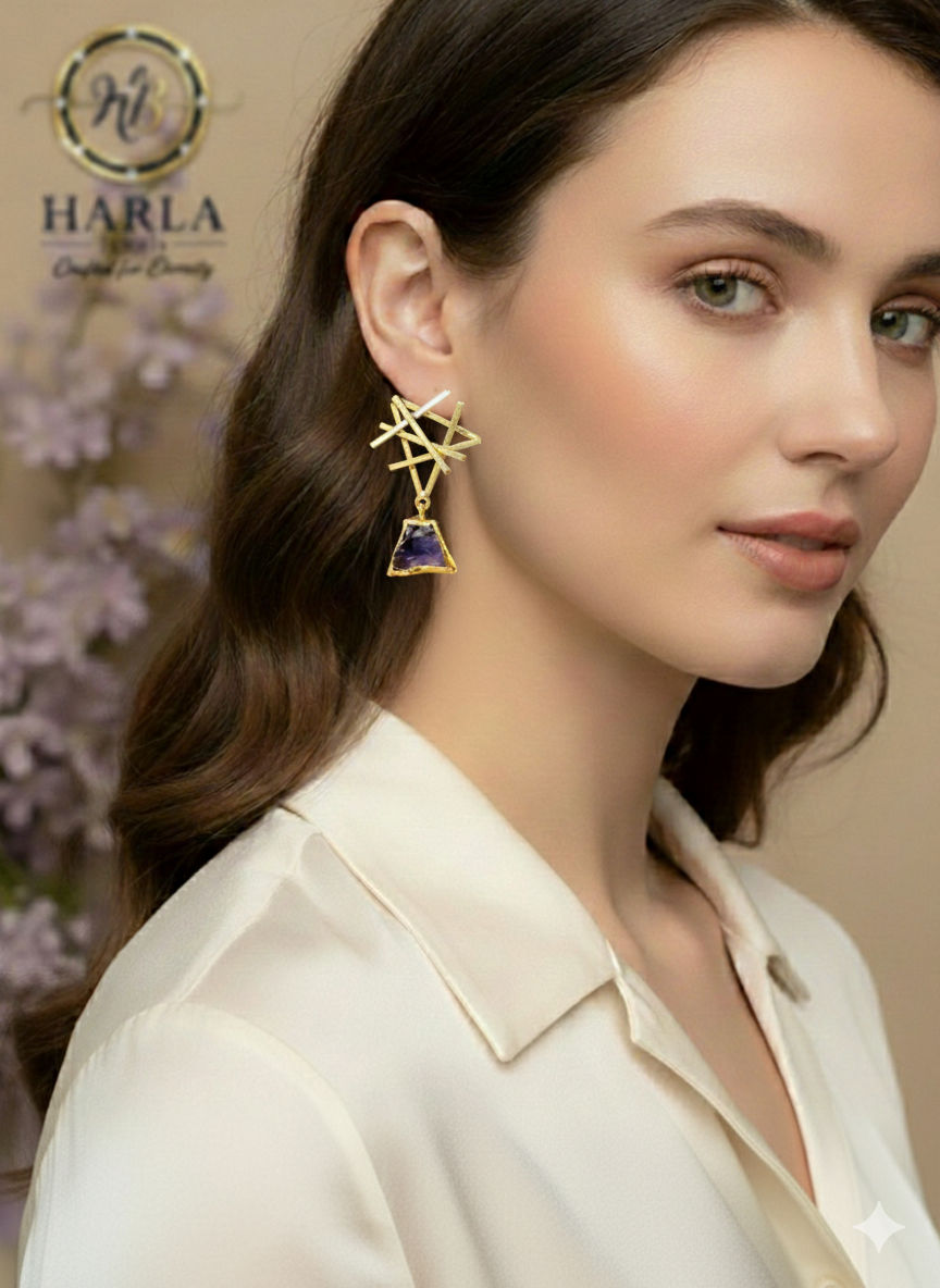 Geometric gold lattice amethyst drop earring