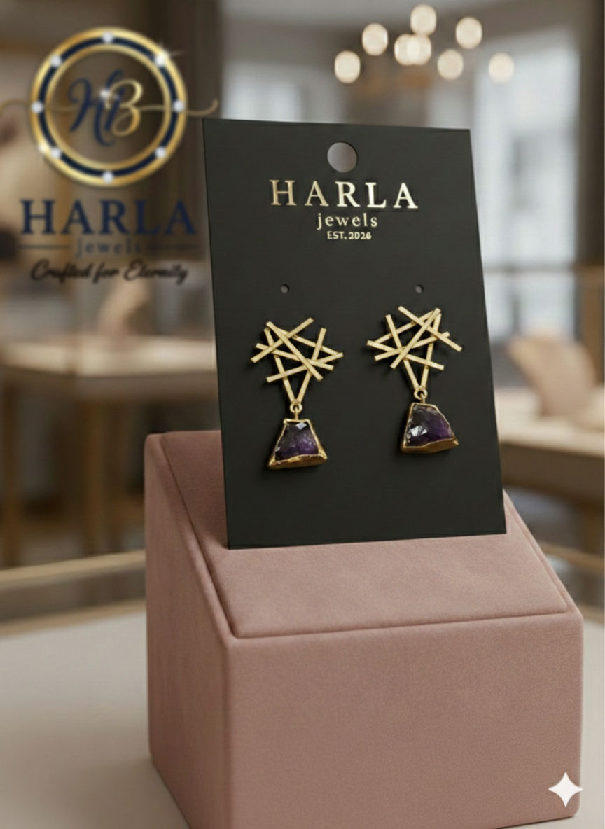Geometric gold lattice amethyst drop earring