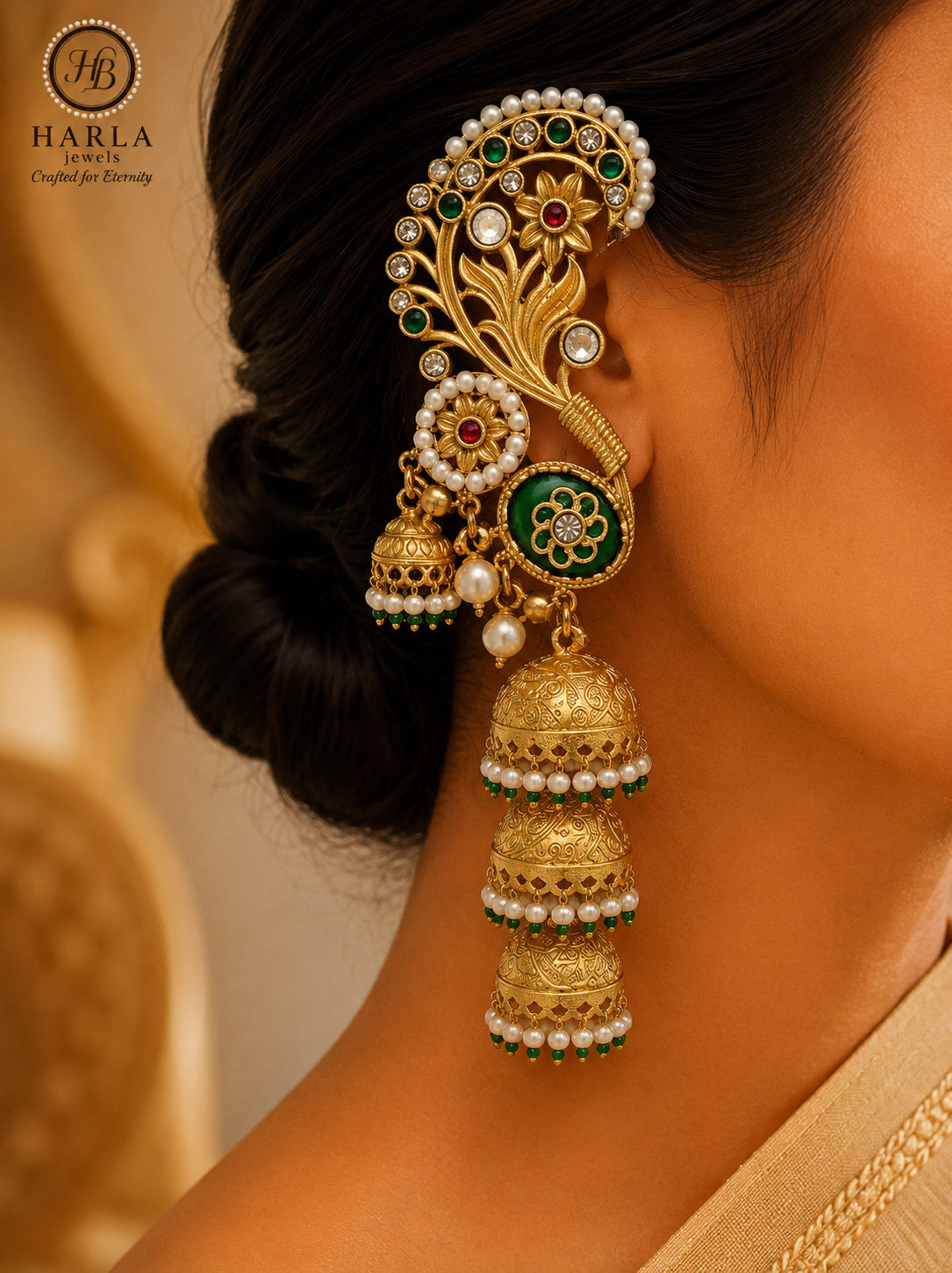 Emerald Paisley Tiered Jhumka Earrings  