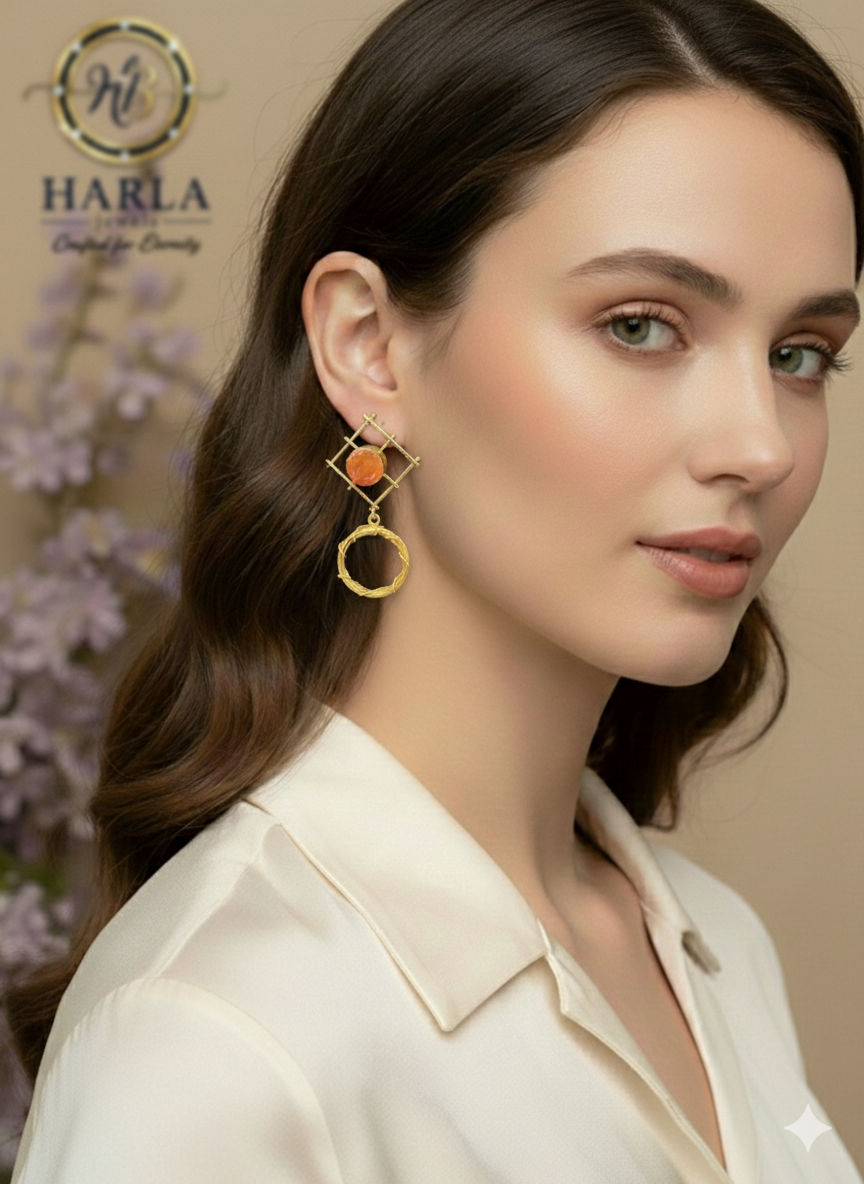 Geometric lattice orange stone drop earring