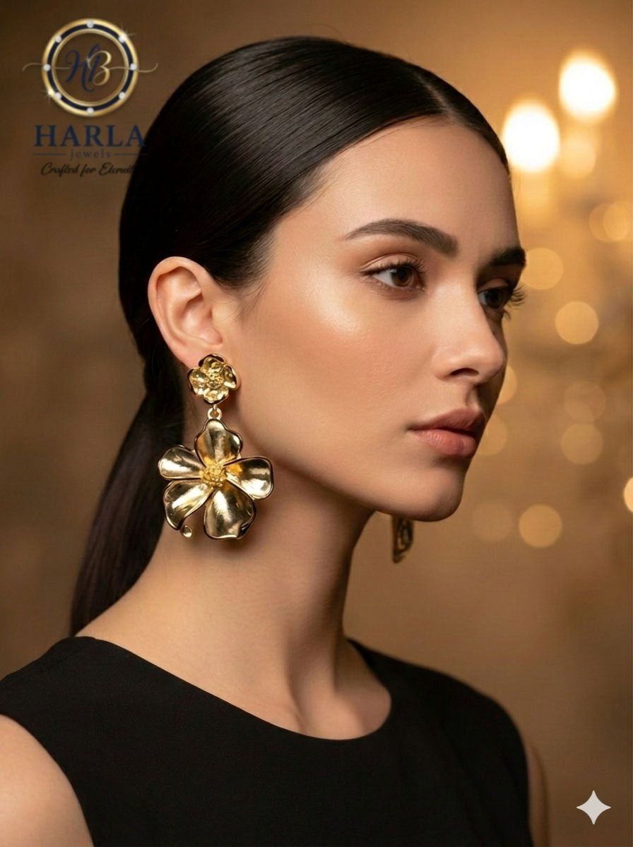 Golden Black Floral Drop Earring
