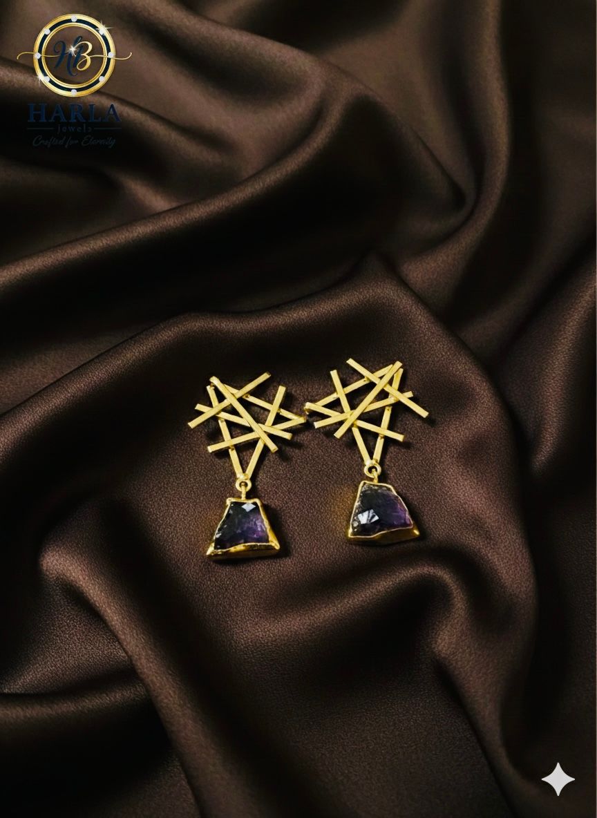 Geometric gold lattice amethyst drop earring
