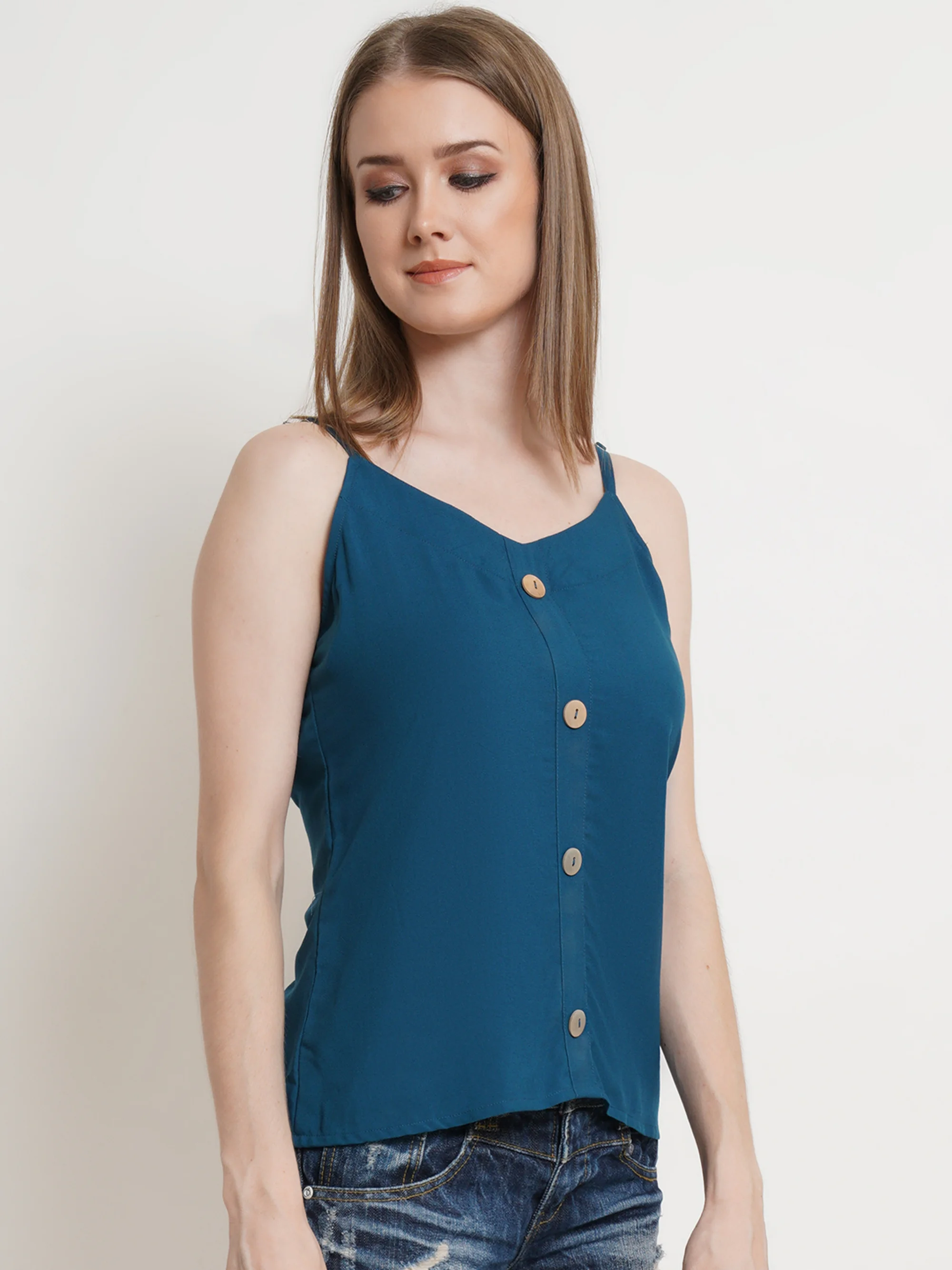 POPWINGS - Teal Blue Wooden Button Strap Top | Lotus iMall