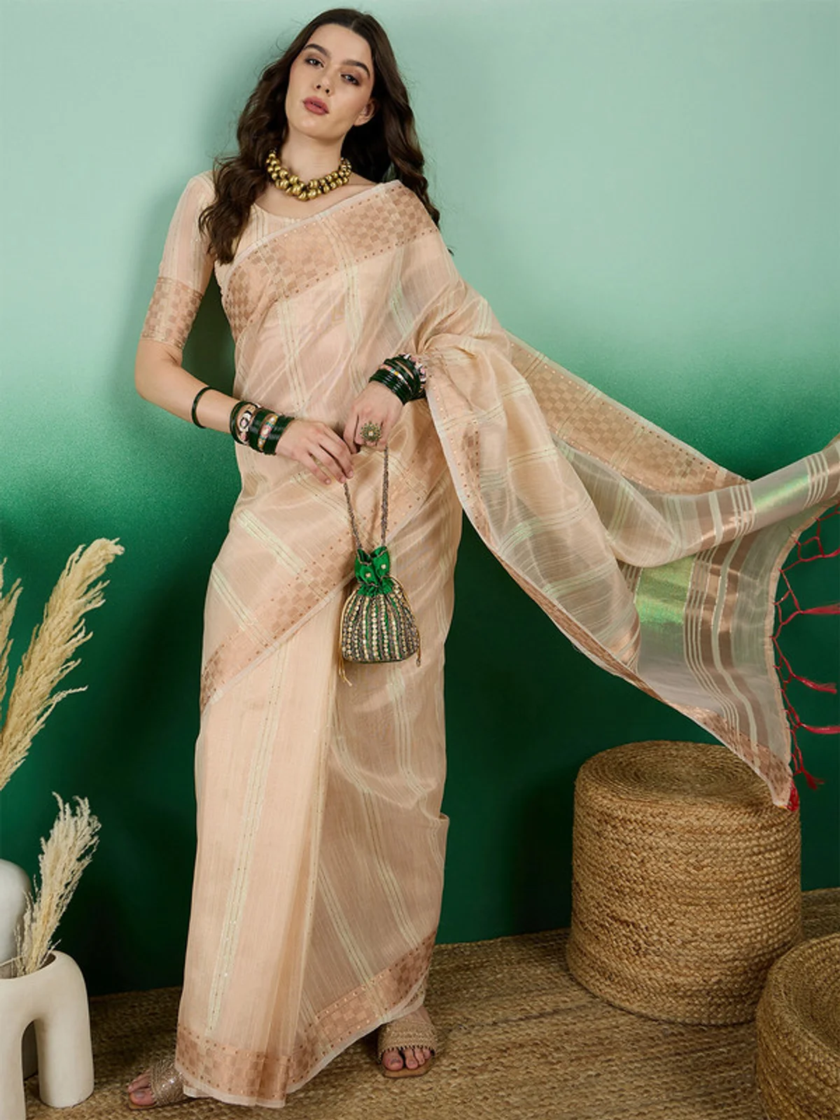 LEEZA STORE - Beige Khadi Organza Saree with All-Over Sequin Work ...